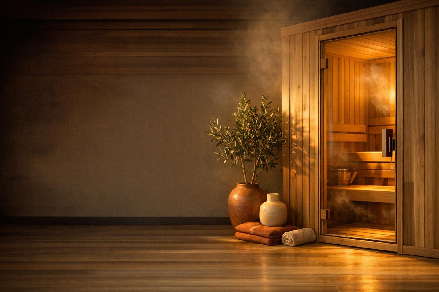 Compare home infrared saunas by the space they need, the capacity their listings state and the outlet they ask for — documented specifications, nothing invented. AI-generated editorial illustration.